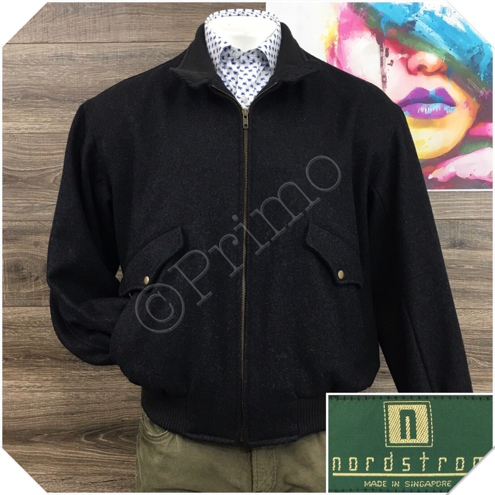VINTAGE NORDSTROM Mens Bomber Wool Jacket Size‎ L Lined Full Zip Gray Pockets